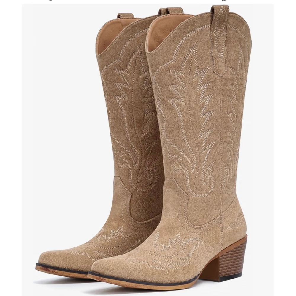 Shibeever Tan Faux Suede Western Cowboy Boots Pointed Toe Embroidered Size 40